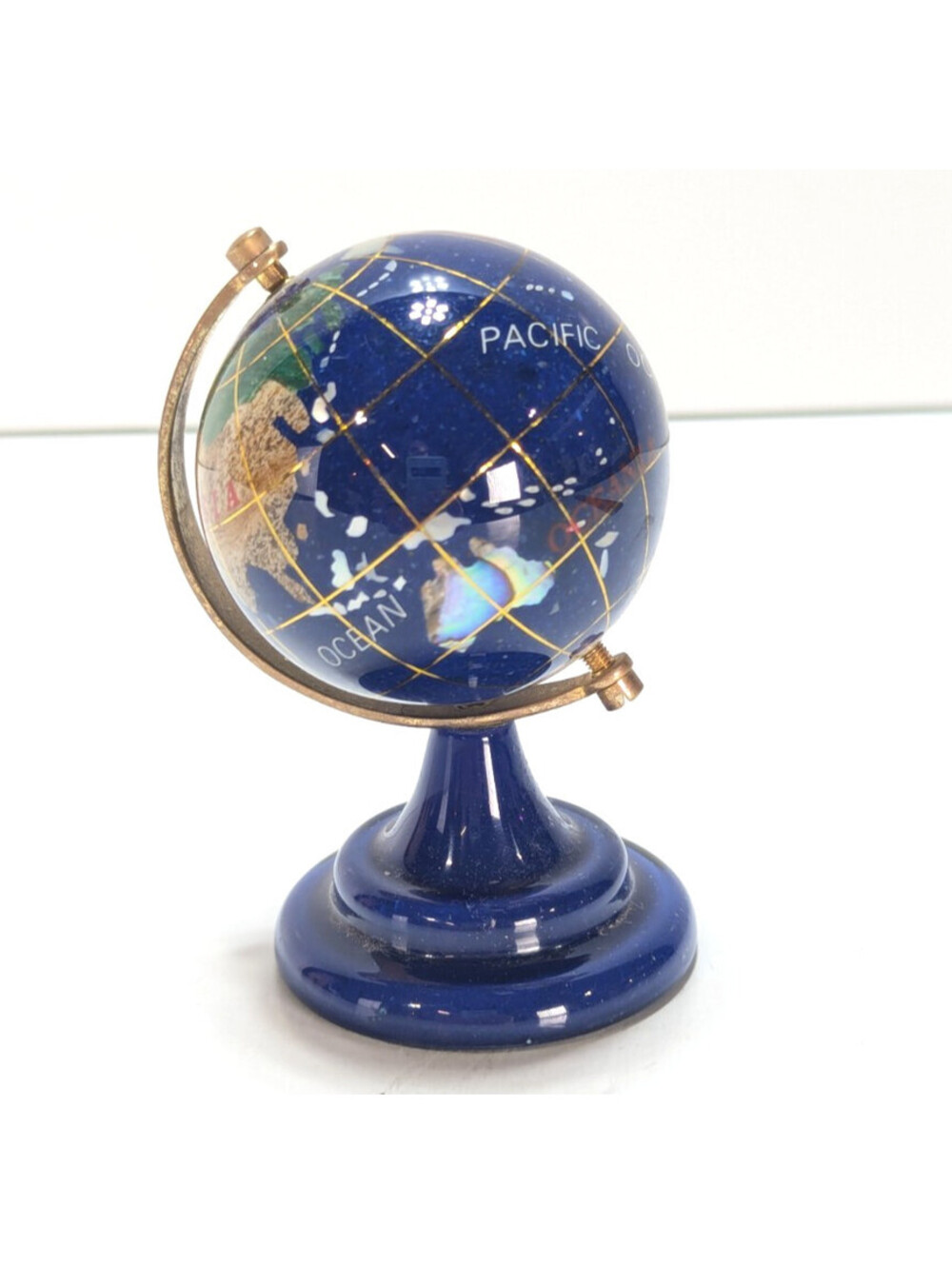 Vintage 4" Cobalt Blue Lapis Lazuli Semi Precious Gemstones Rotating World Globe